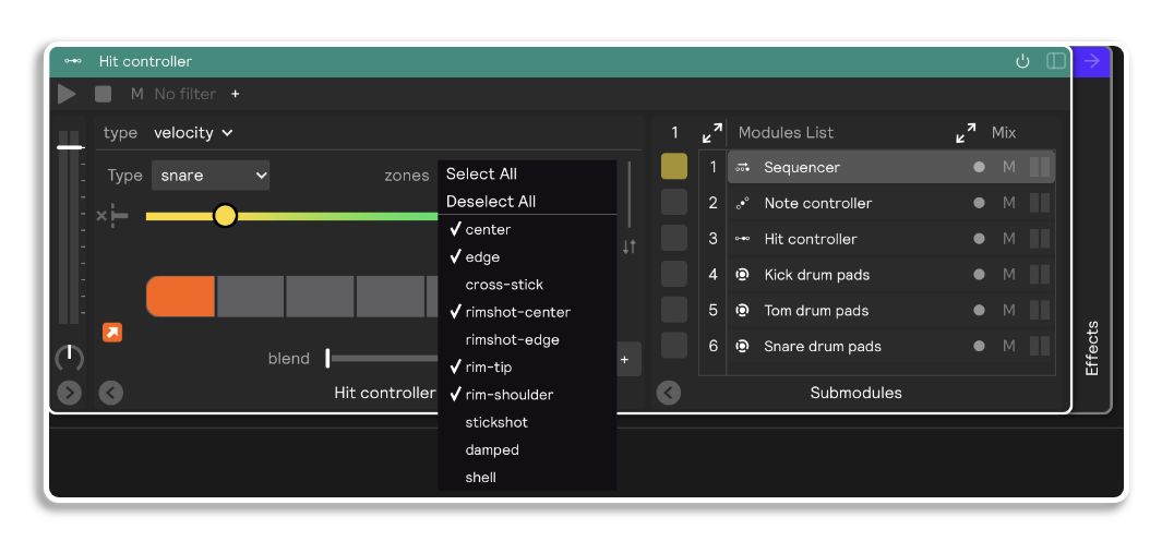 A hit controller with the zones dropdown open and some zones selected and others not