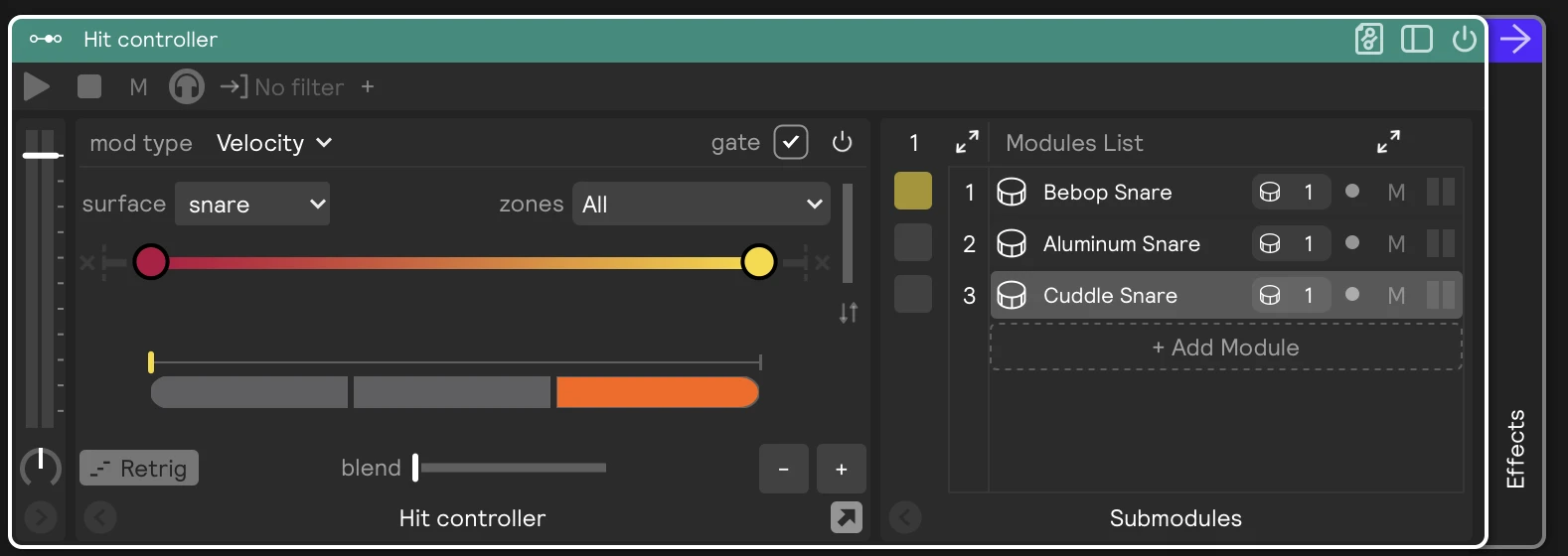 A Hit Controller driven by velocity, with three snare samplers as steps