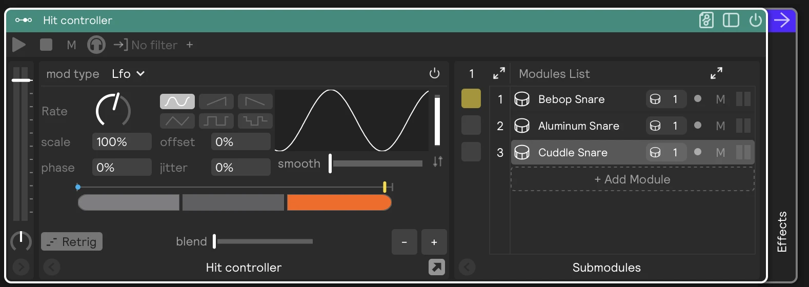 A Hit Controller with its mod type set to LFO, showing the rate, shape, scale, offset, phase, jitter, and smooth settings