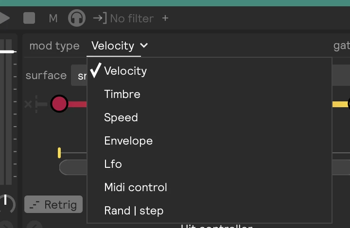 The mod type menu: Velocity, Timbre, Speed, Envelope, Lfo, Midi control, and Rand | step