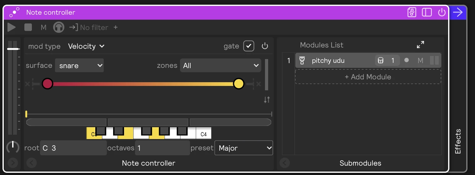 A Note Controller driven by velocity, playing a C major scale on a sampler