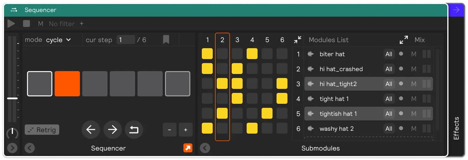 A sequencer with the &#39;highlight last played&#39; button enabled