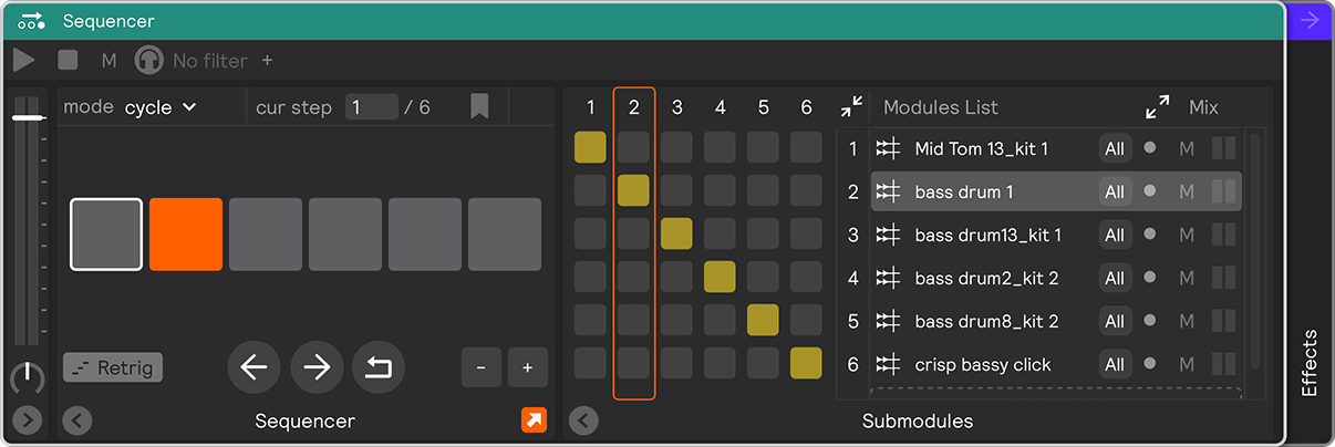A sequencer with the 'follow triggered' button enabled, highlighting the step that last sounded