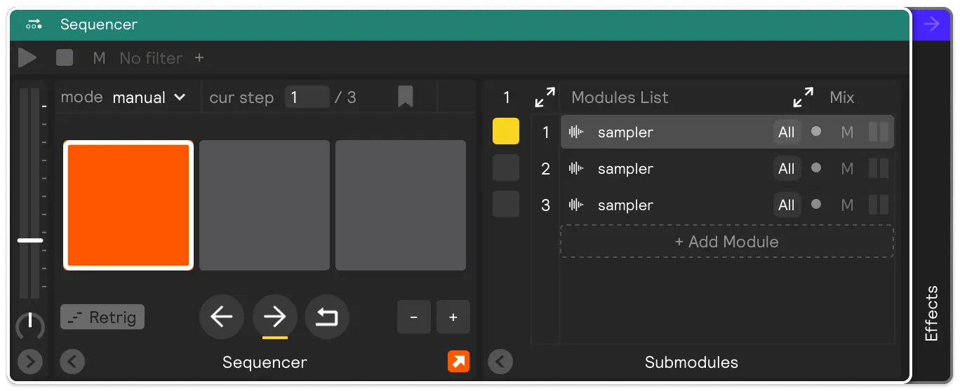 A sequencer set to manual mode containing 3 steps, each of which is a note controller set to a different scale