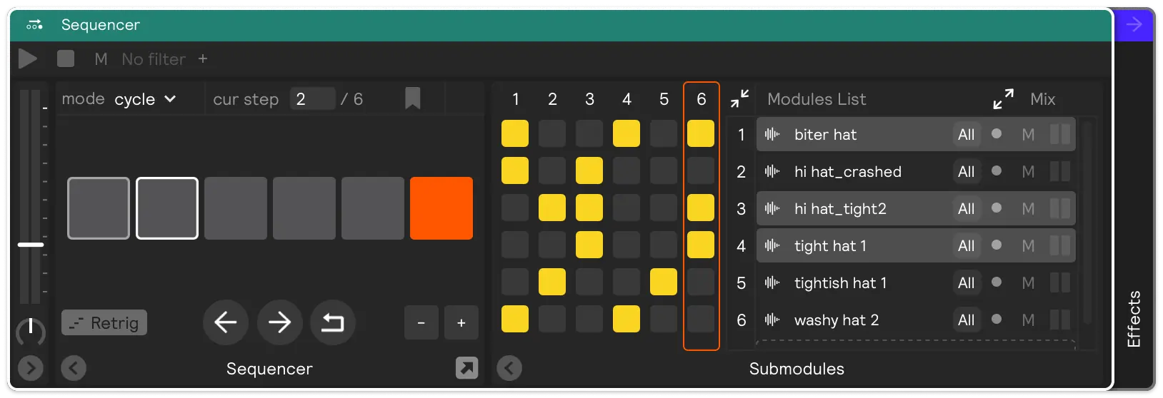 A sequencer with a non-default pattern programmed