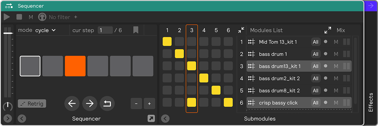 A sequencer with the matrix view open, showing step 3 firing two modules and module 6 reused on steps 3 and 6