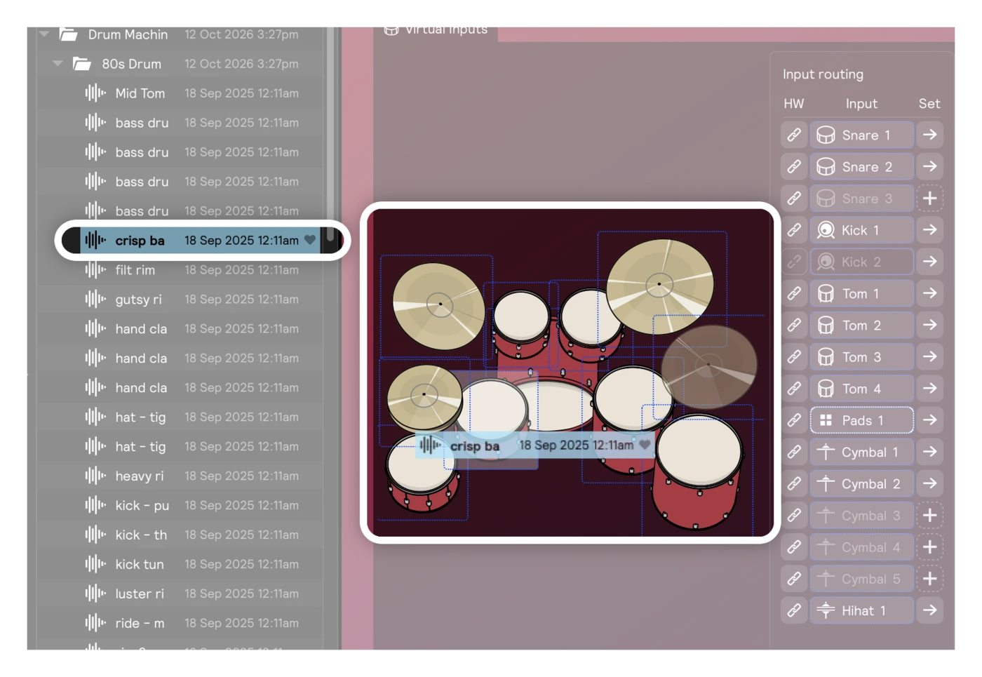 A sample being dragged from the library onto the snare in the Play view's kit graphic, with the drop targets outlined