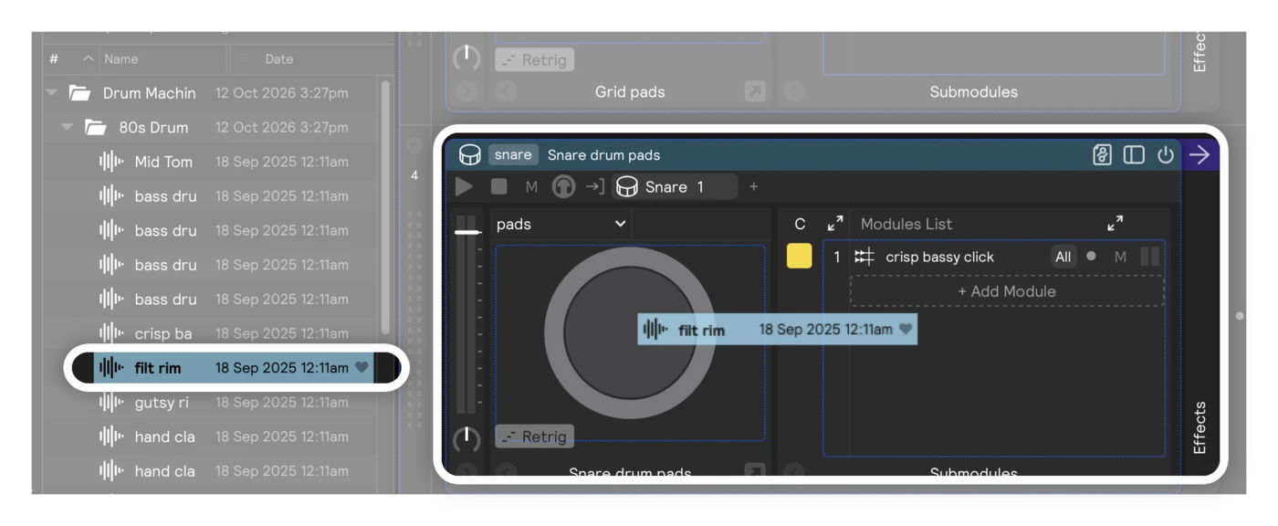 A sample being dropped on the rim shoulder ring of a snare Drum Pads controller, with the center zone already playing a sampler