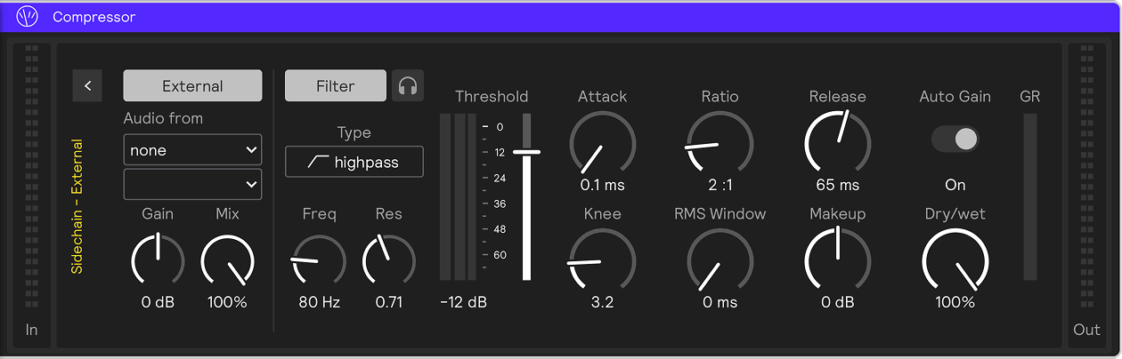 A screenshot of the Compressor effect with the sidechain panel open
