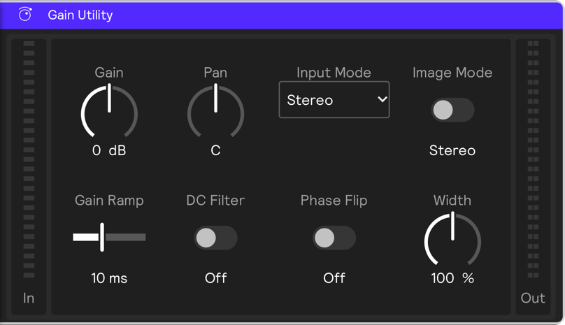 A screenshot of the Gain Utility effect in stereo mode