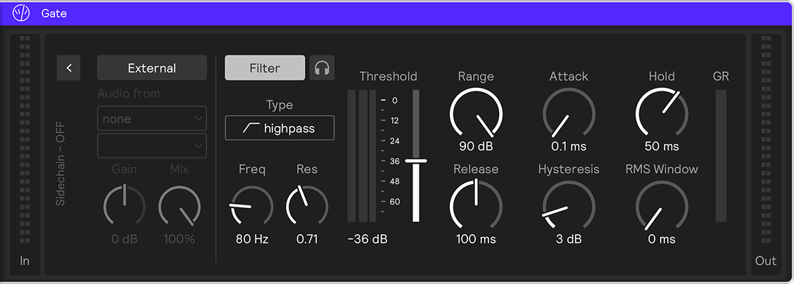A screenshot of the Gate effect with the sidechain panel open