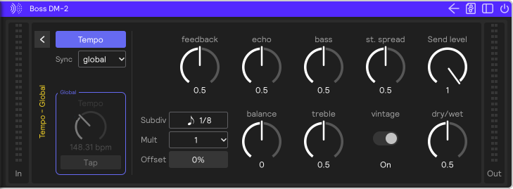 The Boss DM-2 with the tempo panel open, in Tempo mode, synced to the global tempo