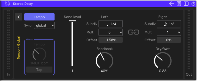 Tempo mode with different settings on each channel: 5 × 1/4 with a small negative offset on the left, 1/8 on the right