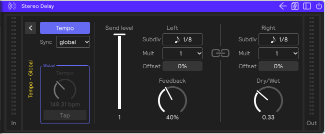 The Stereo Delay with the tempo panel open, in Tempo mode, synced to the global tempo