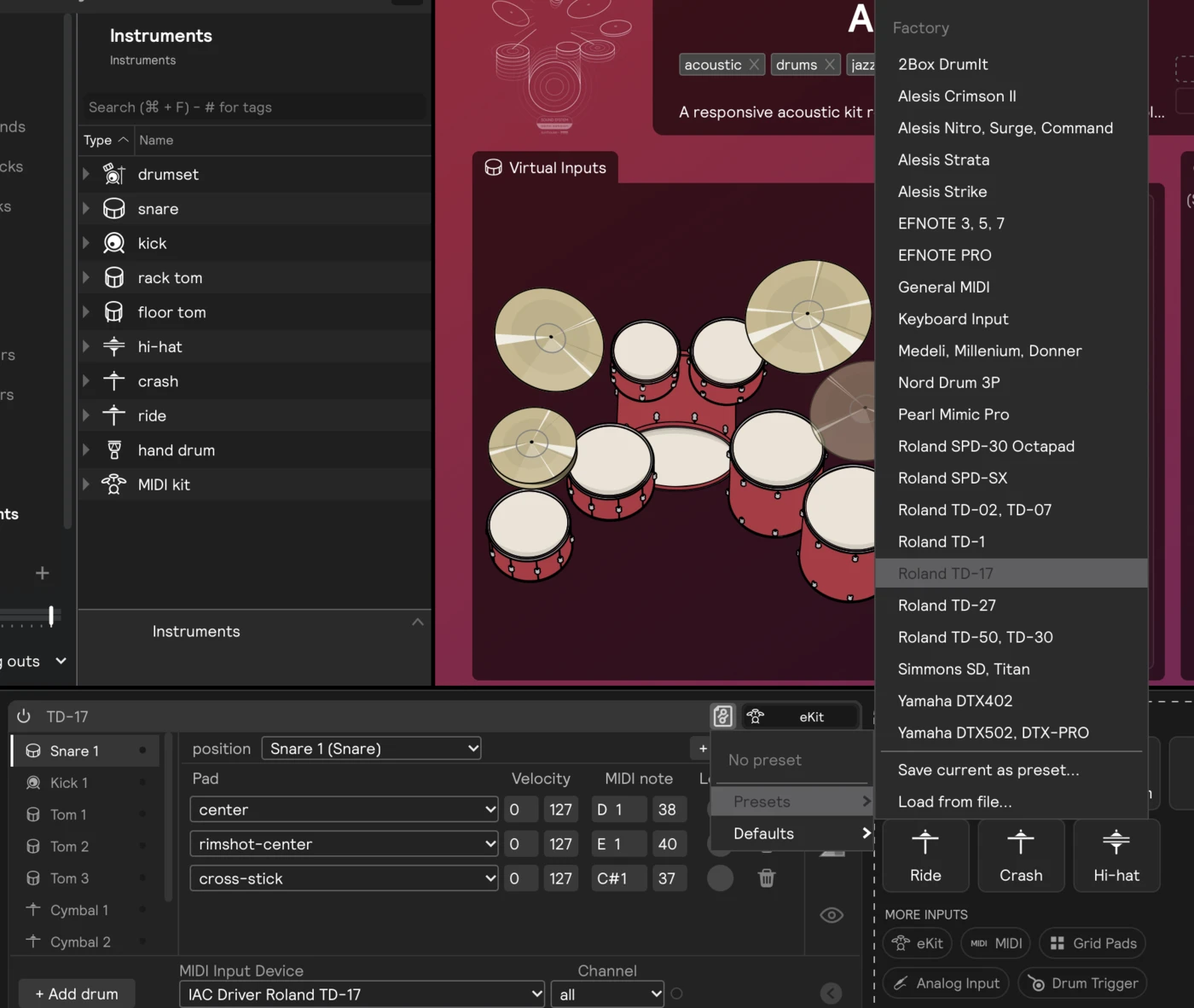 The eKit preset menu open from the card's title bar, with Roland TD-17 highlighted in the list of factory maps