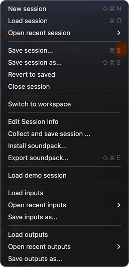 A screenshot of the file menu while a session is active