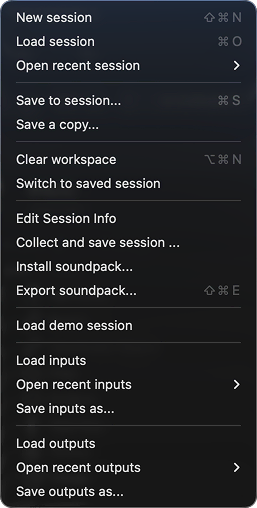 A screenshot of the file menu while the workspace is active