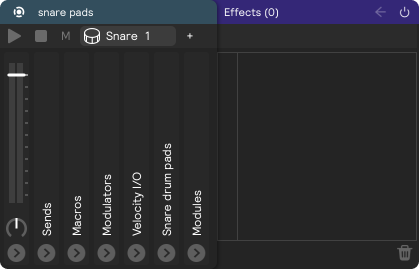 An image of a drum pads controller with an expanded effects panel, the effects panel is empty.