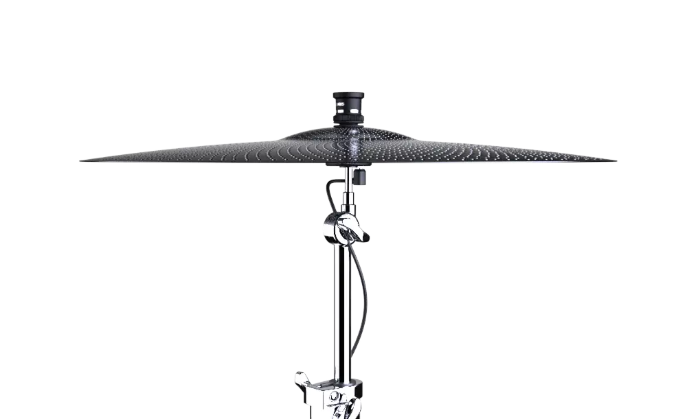 A photo of an Evans db One cymbal with the Sensory Percussion cymbal sensor attached