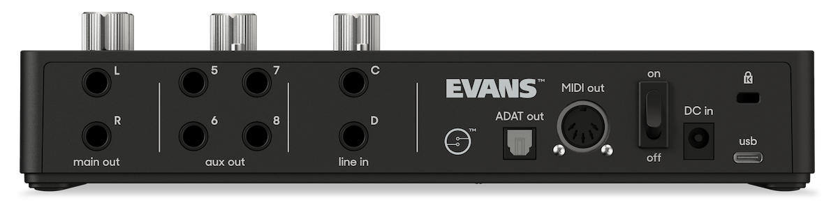 A photo of the back panel showing where you plug in the main and aux outputs, as well as the line-inputs, ADAT output, MIDI outputs, and power switch and plug.