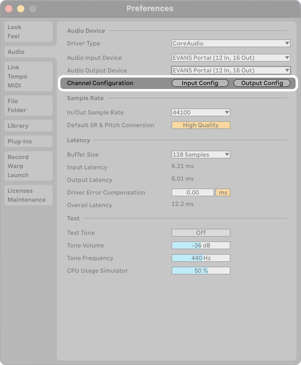 A screenshot of the Ableton Audio Preferences window