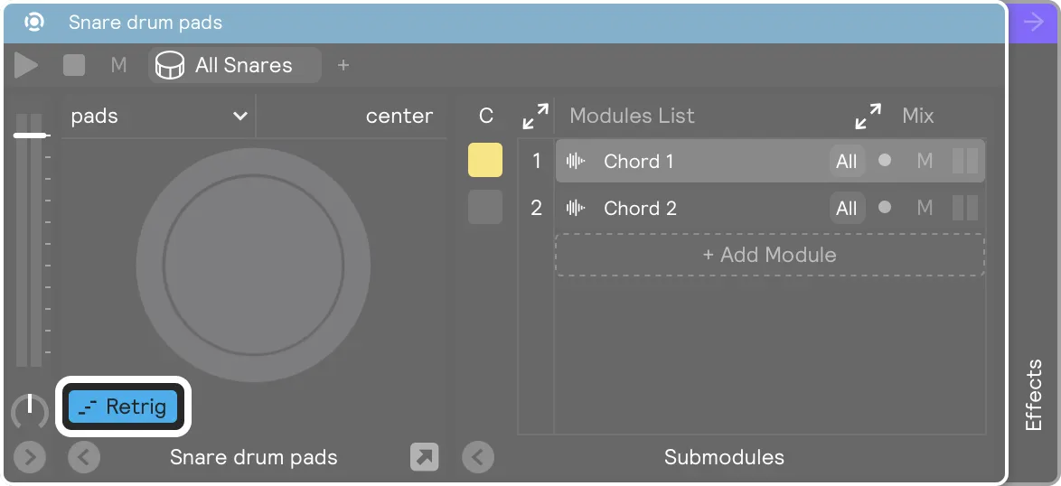 A screenshot of a module with the &#39;Retrig&#39; button highlighted