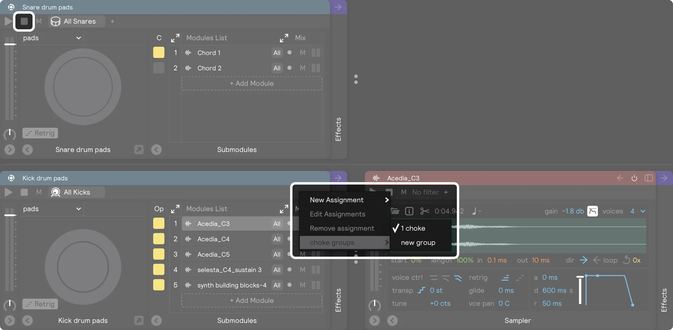 A screenshot of two layers showing the Choke assignment menu on the stop button