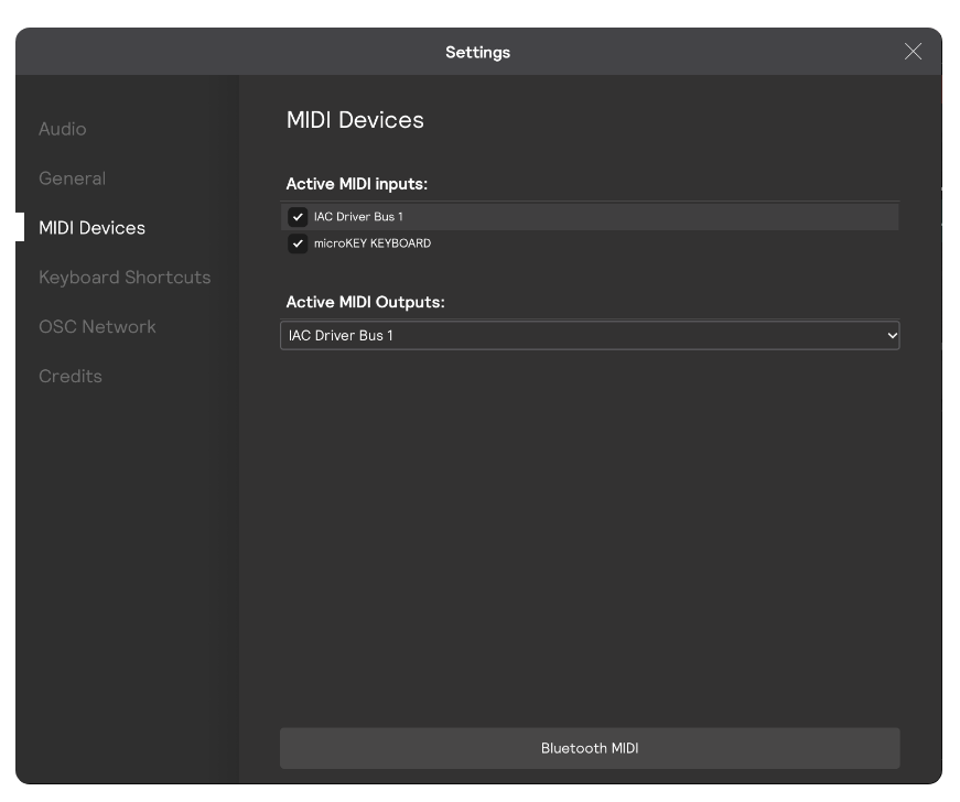 A screenshot of the MIDI settings panel with a midi device activated