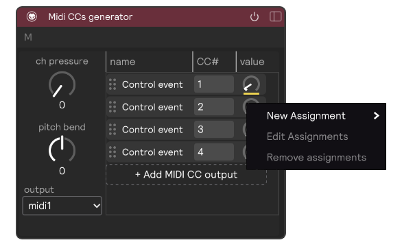 A MIDI CCs generator module set with an assignment on the value knob