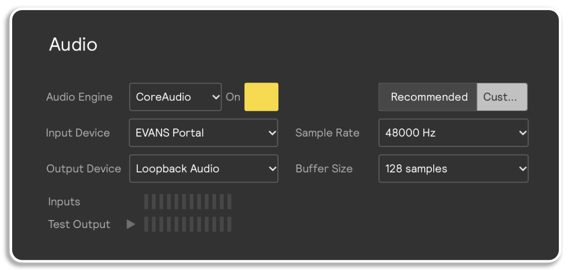 A screenshot of the audio settings in Sensory Percussion, with Loopback Audio selected as the output