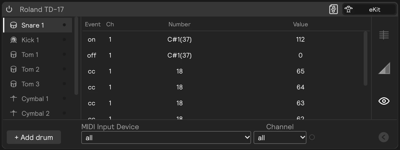 The MIDI log view on an eKit card