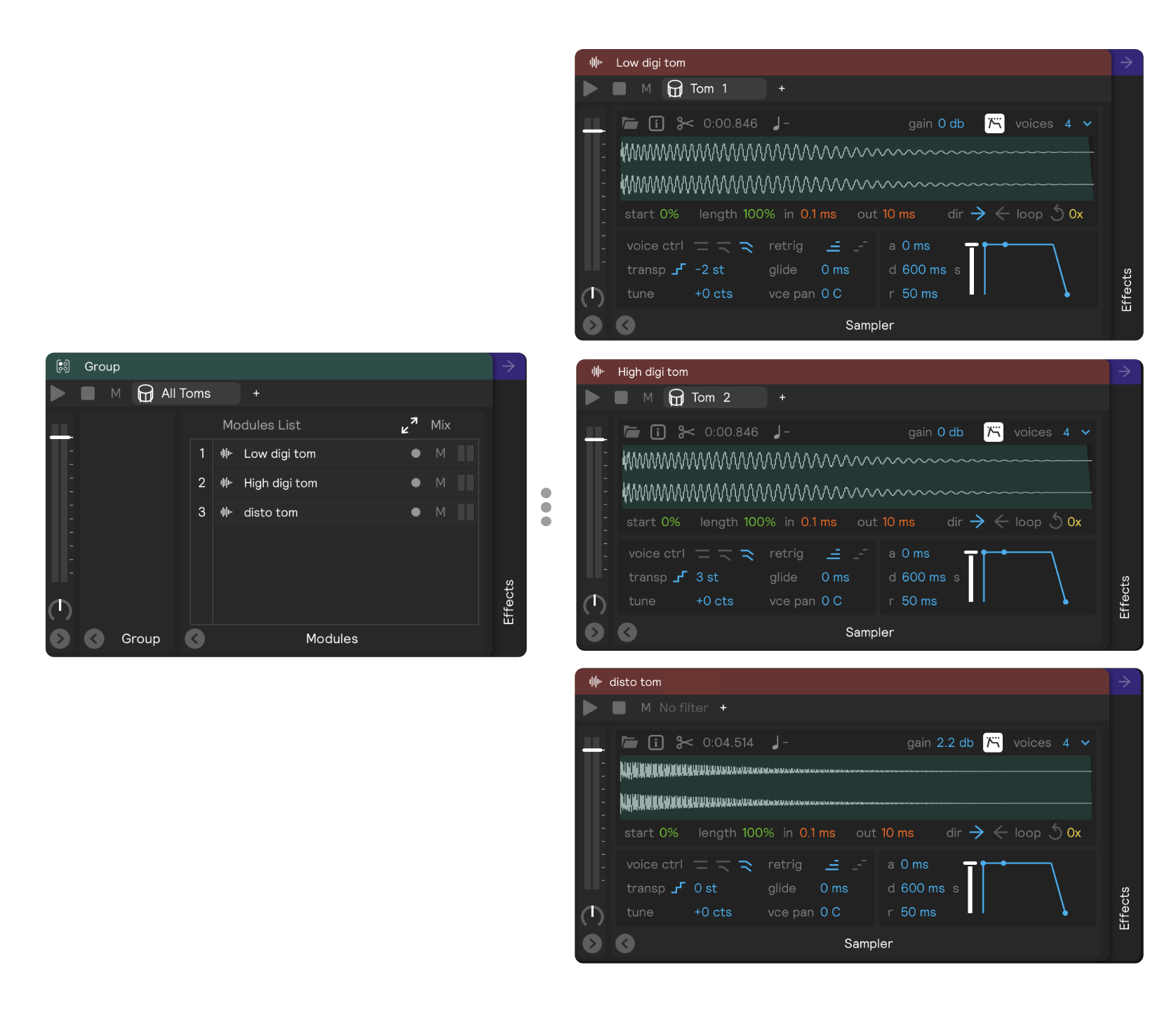 A screenshot showing a top level module filtering on All Toms, and its 3 submodules filtering on Tom 1, Tom 2, and no filter, respectively