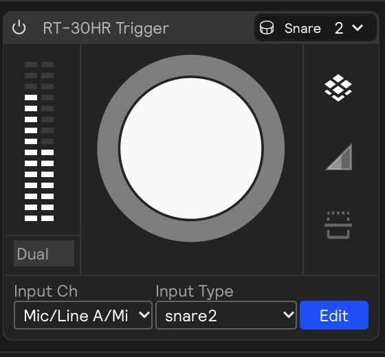 A dual-zone Drum Trigger input card, with the head zone lit from a hit