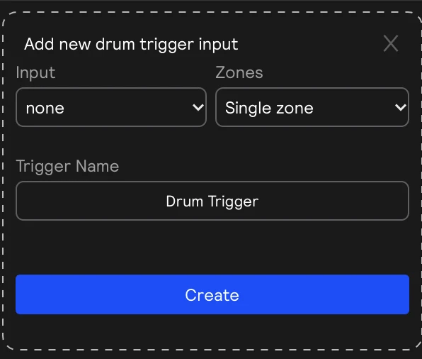 The Add new drum trigger input popout, with Input, Zones, and Trigger Name fields