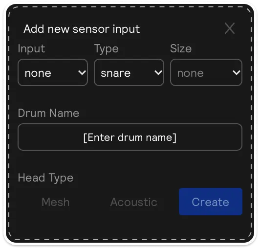 A screenshot of the create sensor input module, asking for information about the drum