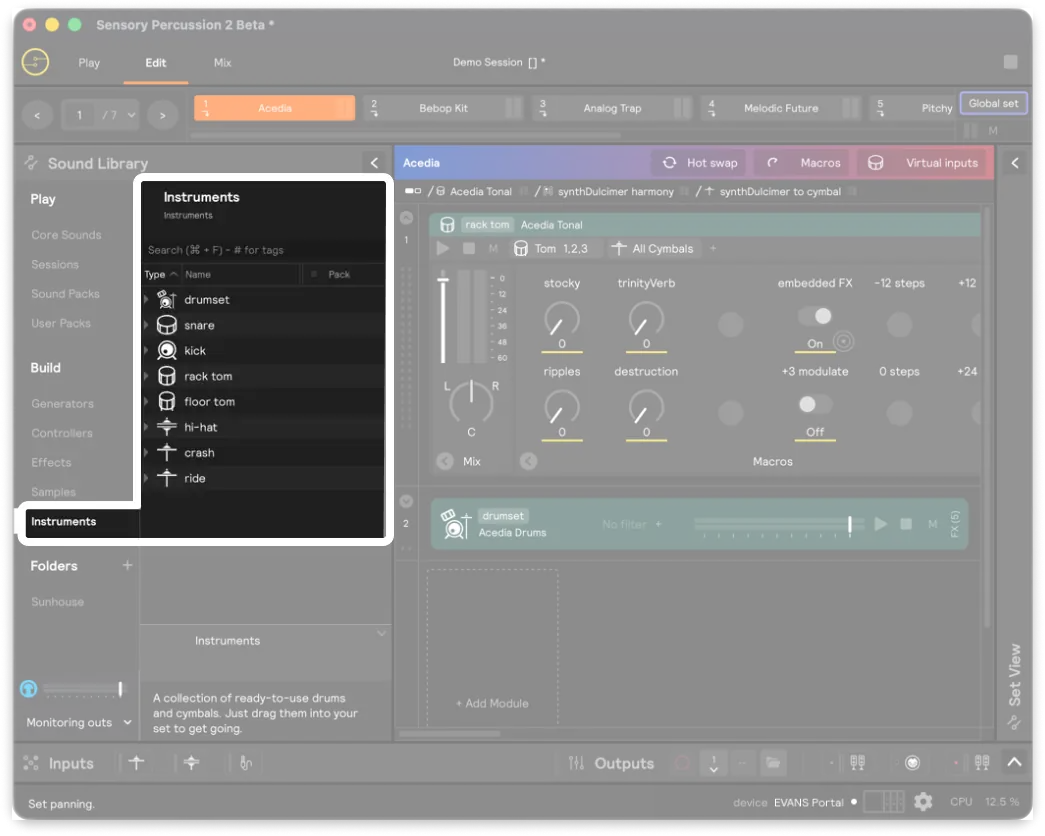 A screenshot of the Instrument section of the library