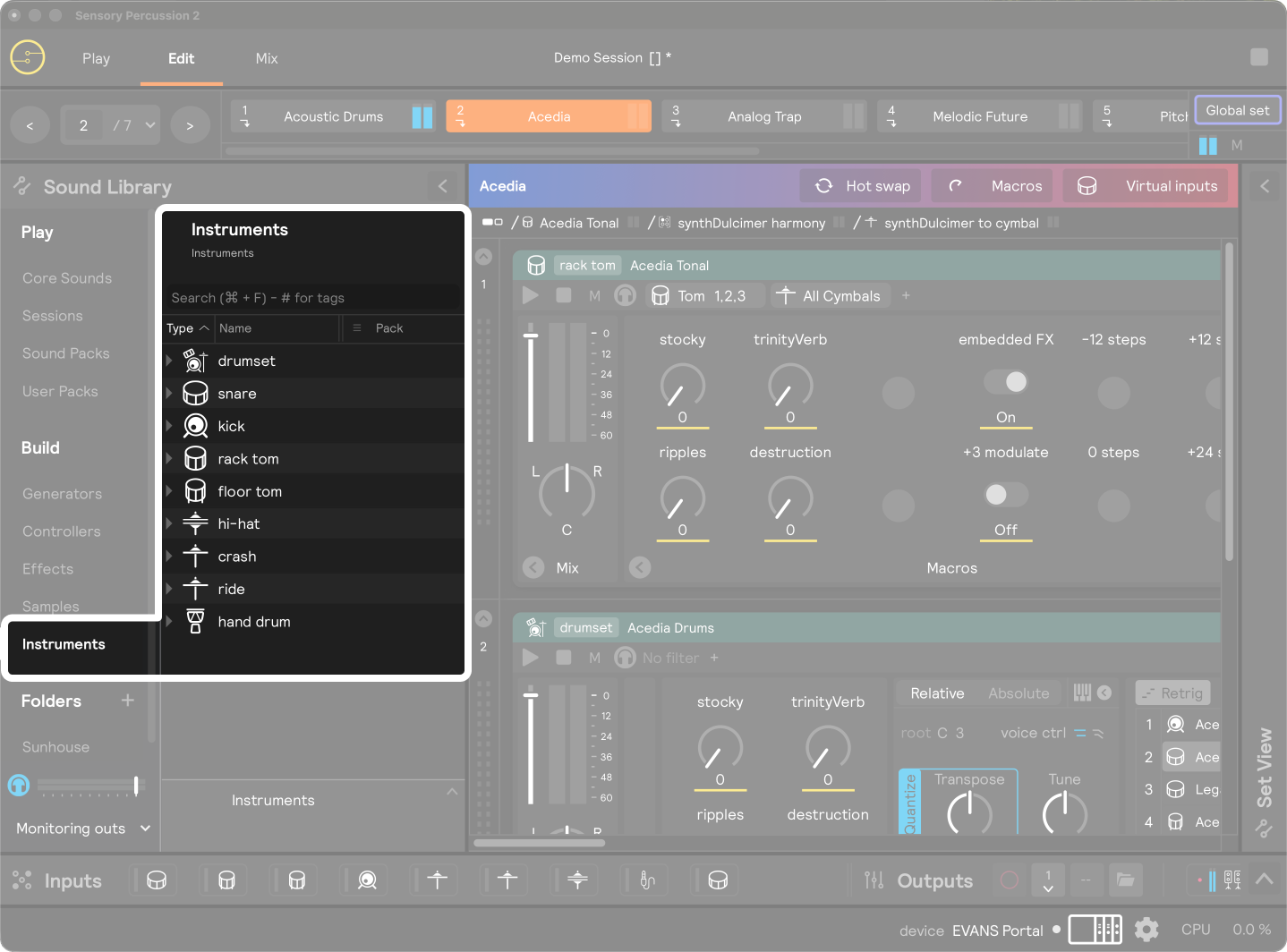 A screenshot of the Instrument section of the library