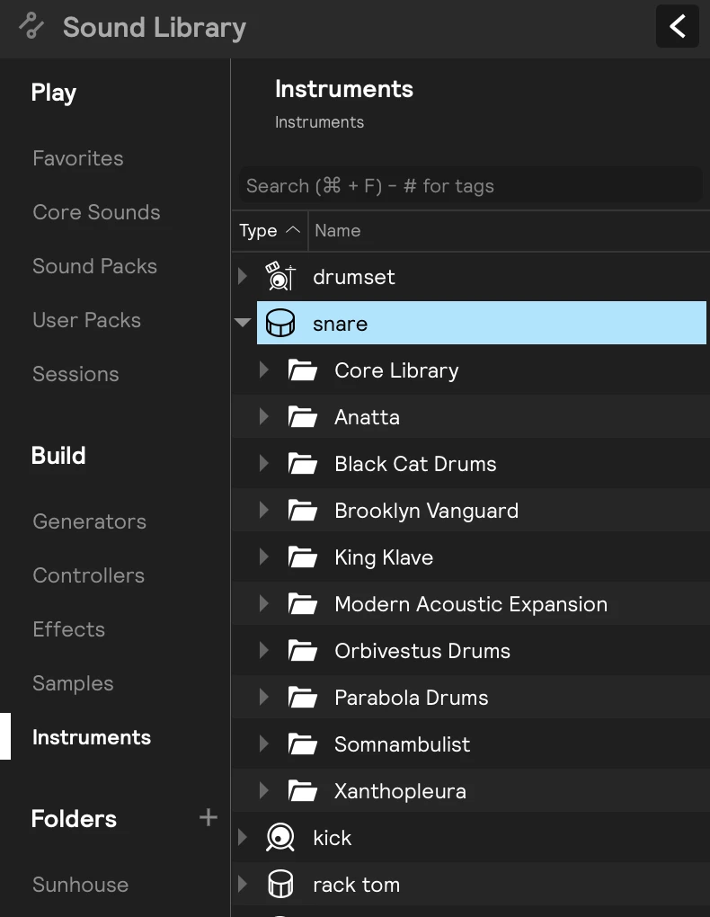 The Instruments tab with the snare folder open, split into Core Library and one folder per sound pack