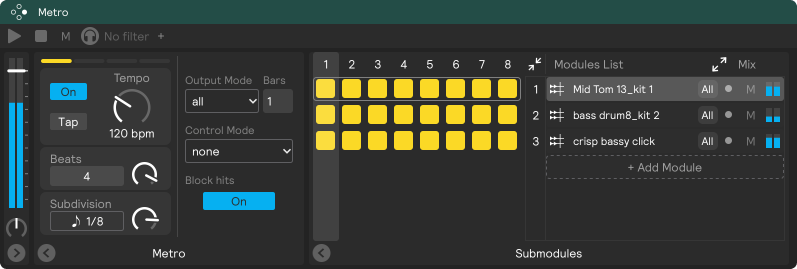 A screenshot of the metro module in all output mode