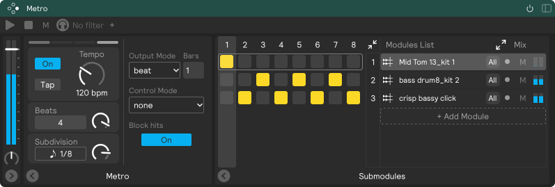A screenshot of the metro module in beat output mode
