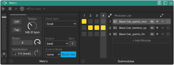 A screenshot of the metro module in beat output mode