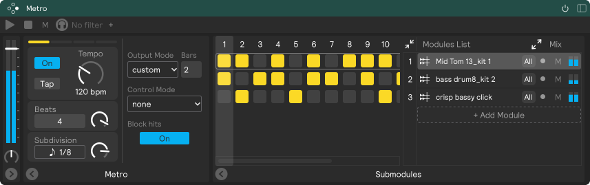 A screenshot of the metro module in custom output mode