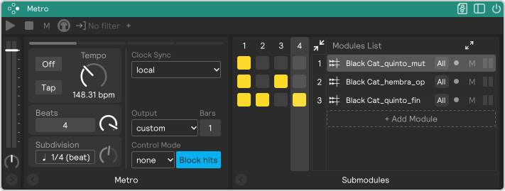 A screenshot of the metro module in custom output mode