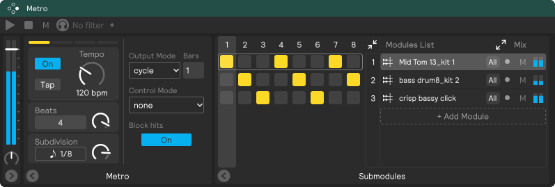 A screenshot of the metro module in cycle output mode