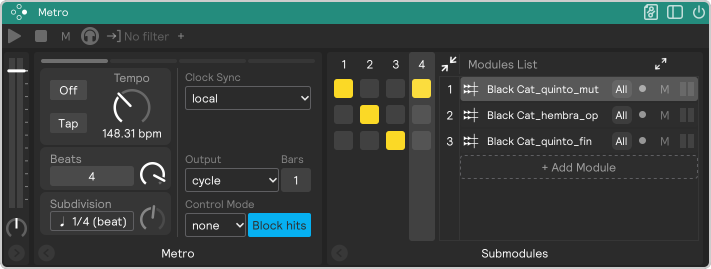 A screenshot of the metro module in cycle output mode