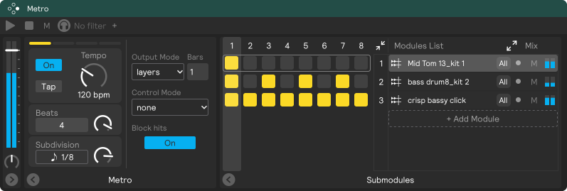 A screenshot of the metro module in layers output mode