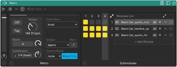 A screenshot of the metro module in layers output mode