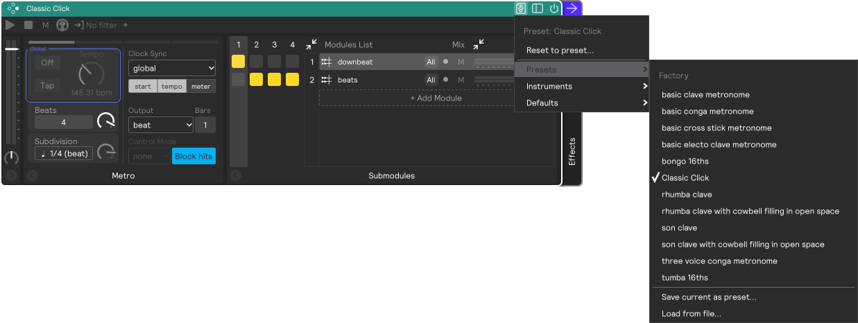 The Metro preset menu, with the Classic Click preset selected