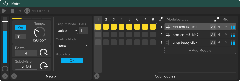 A screenshot of the metro module in pulse output mode