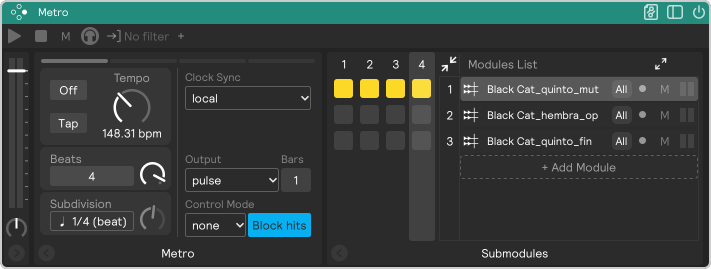 A screenshot of the metro module in pulse output mode